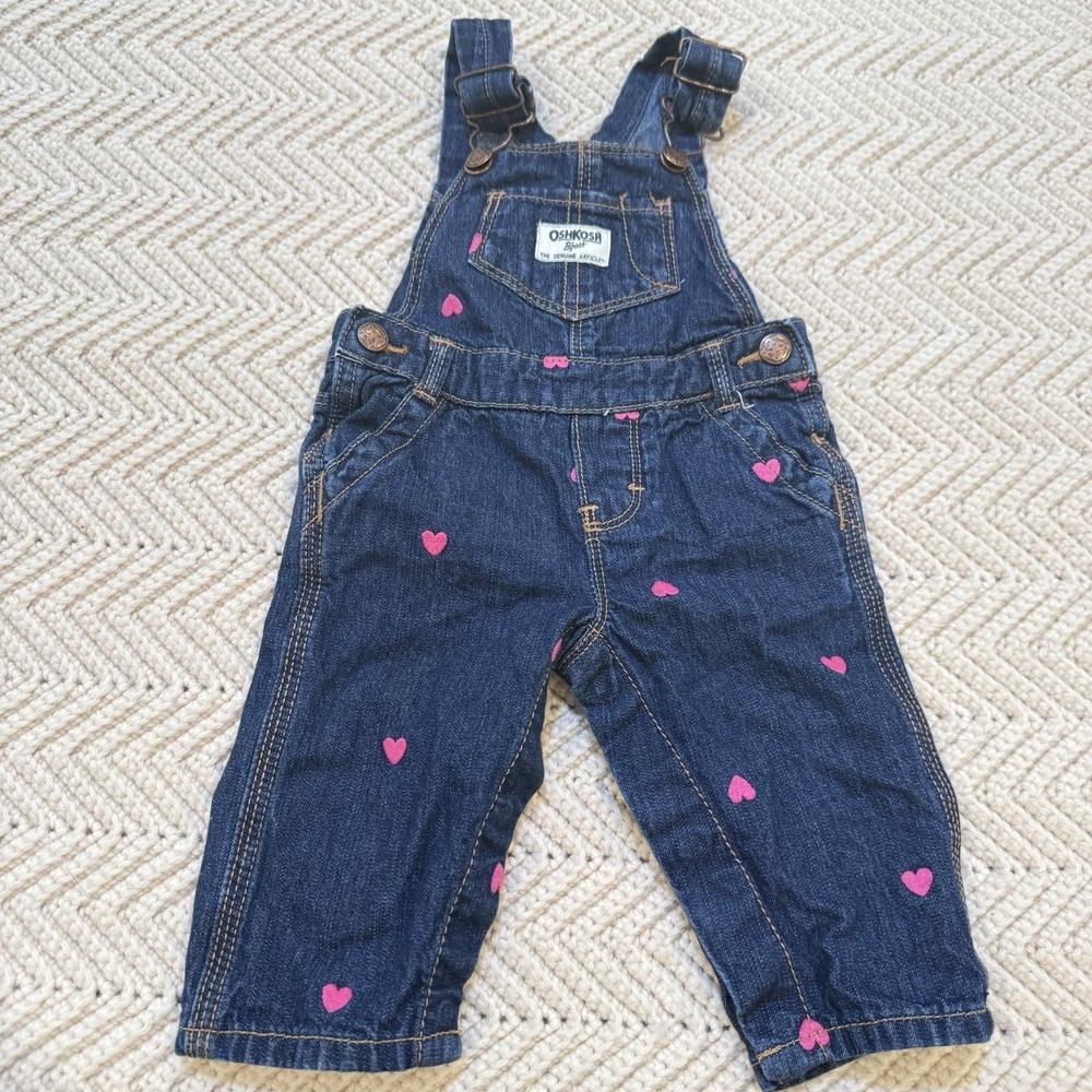 Oshkosh Overalls Girls 6 Month Blue Denim Pink Embroidered Hearts Valentines Day